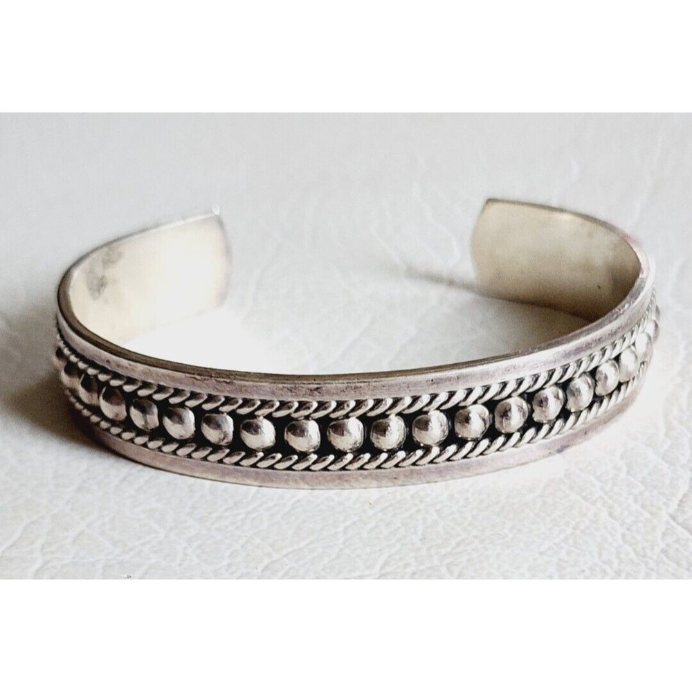 Taxco Mexico Sterling Silver Cuff Bracelet With Beaded Design 29.43g